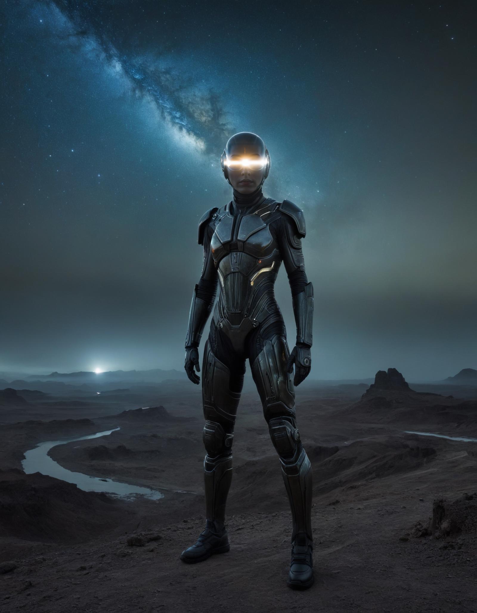 A robotic figure stands against a starry night sky.