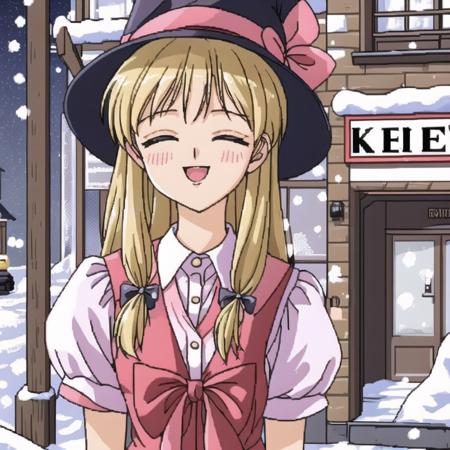 <lora:Furiava_Haakdith:1>,  a building with a sign that reads kind of a store on the side of it at night time with snow on the ground, 1girl, black hat, blonde hair, blush, bow, character name, closed eyes, double v, eyebrows, facing viewer, hair bow, hat, hat bow, hat ribbon, heart, highres, long hair, parted lips, puffy short sleeves, puffy sleeves, red bow, ribbon, sakamochi, short sleeves, smile, solo, suzu \(cookie\), teeth, upper body, v, white bow, white ribbon, witch hat