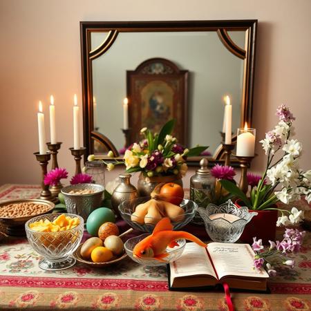 A beautifully arranged Haft-Seen table for Nowruz, decorated with traditional Persian elements. The table includes seven symbolic items: Sabzeh (sprouted wheat or lentils), Samanu (sweet pudding), Senjed (dried oleaster fruit), Seer (garlic), Seeb (apple), Somāq (sumac), and Serkeh (vinegar). The scene is enriched with a large mirror reflecting the beauty of the setup, candles casting a warm glow, colorful painted eggs, a goldfish in a crystal bowl, a Persian poetry book (Hafez), and delicate hyacinth flowers. The tablecloth is luxurious, embroidered with Persian patterns. The background is softly lit, creating a cozy and festive atmosphere. The composition is harmonious, rich in color and detail, evoking the spirit of Nowruz.