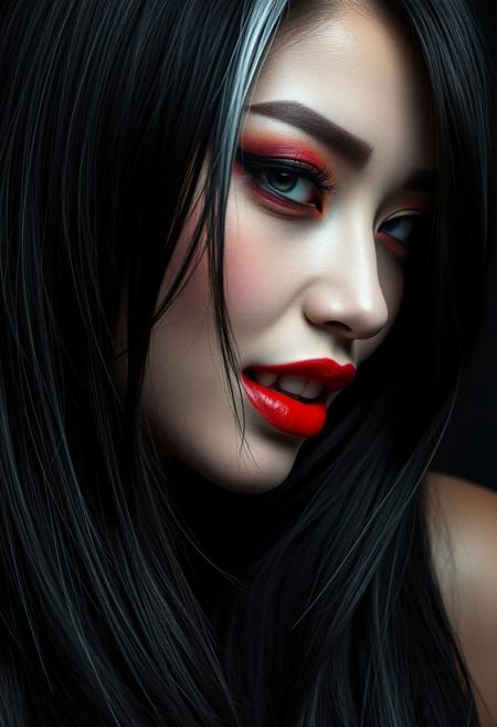 masterpiece, high detail, ArsMJStyle, dnddarkestfantasy, masterpiece, closeup portrait of stunning oriental vampire Women, long black hair with white streak, dark eyeshadow, red lips, mouth slightly open showing fangs, chiascuro, sexy, seductive, erotic, direct gaze, dark background. highest definition, HD32K, wallpaper, hyperdetailed, concept art, extreme closeup, side profile