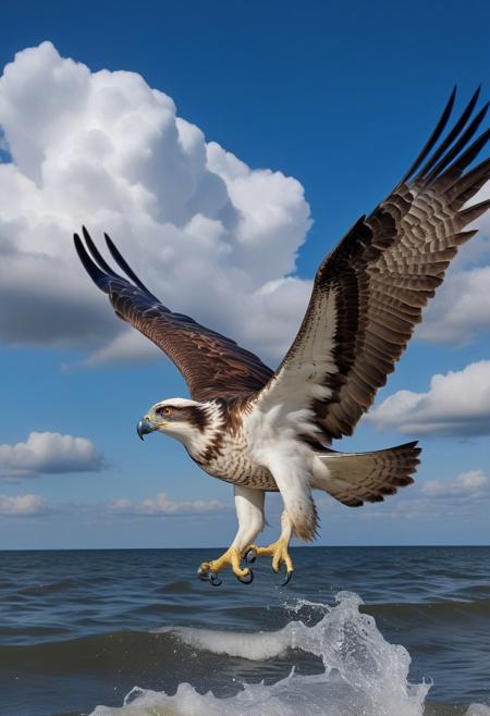 osprey eagle in flight rushing into the sea, blue sky background with cumulo-nimbus cloud, photography very realist