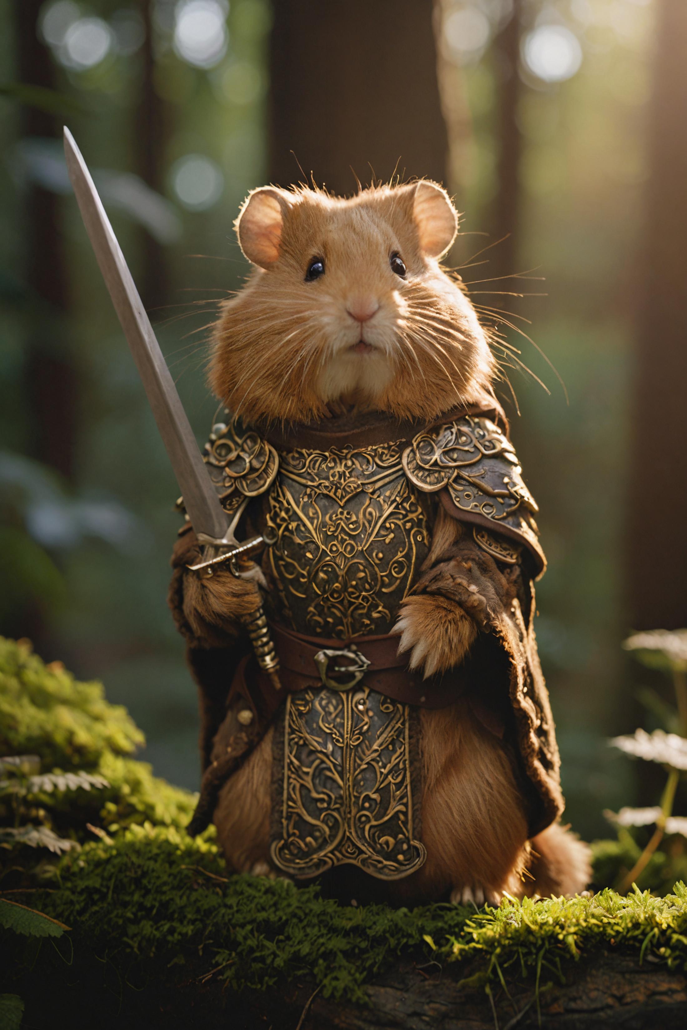 A hamster wearing a costume and holding a sword.