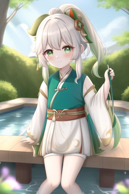 hanfu, (ru_qun), tree, pool, white hair, green eyes, nahida_genshin, child, masterpiece, best quality