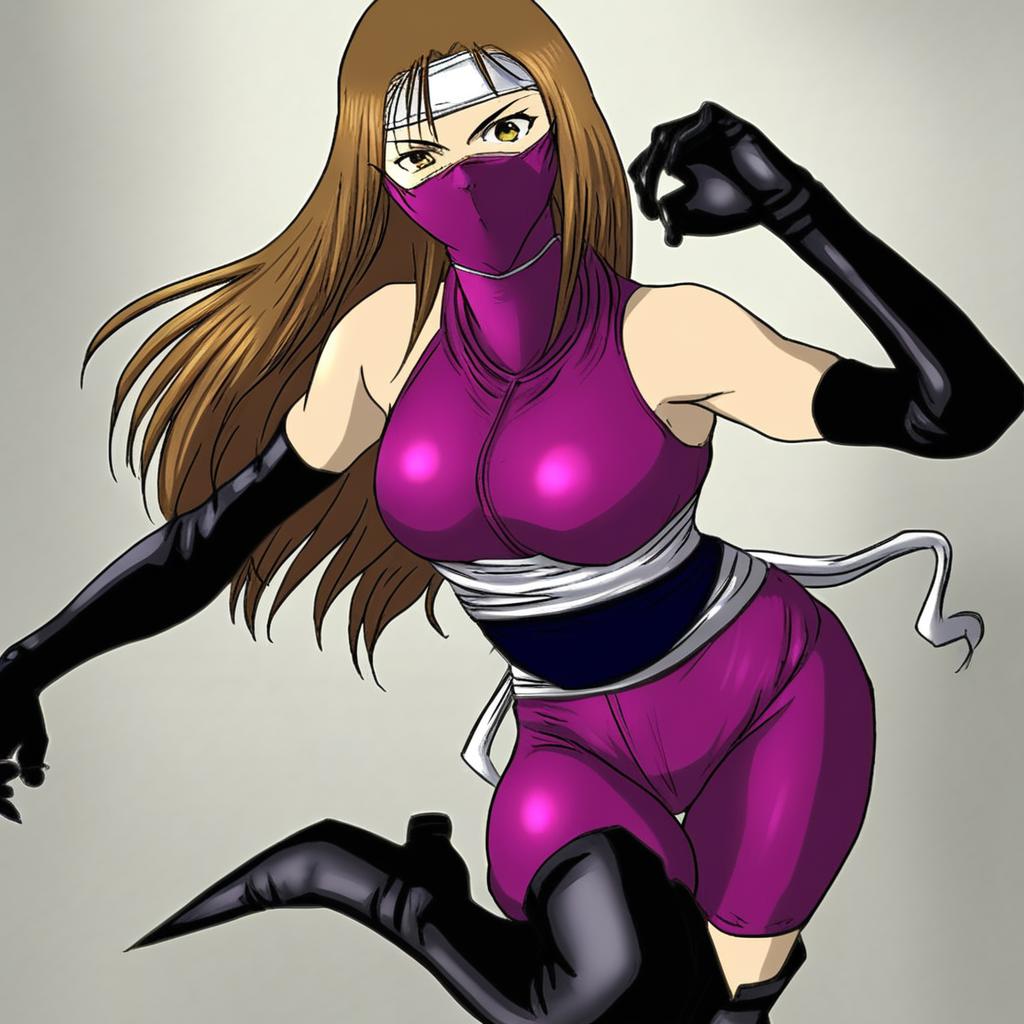 1girl, kisirian, solo, long hair, ninja body suit, ninja mask, mouth mask, long elbow gloves, thigh high boots, seduce pose