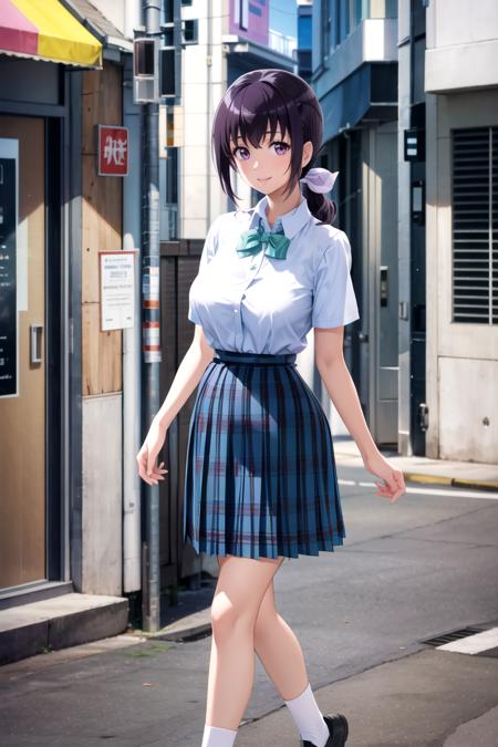 suwwer_schooluniform (bow, school uniform, white shirt, short sleeves, pleated skirt, collared shirt, black footwear, plaid, plaid skirt, white socks, loafers, shirt tucked in, green bowtie)