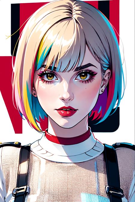 1girl, solo, upper body, looking at viewer, white background, bob cut, short hair, multicolored hair, makeup, parted lips, red lips, eyeliner, portrait of <lora:hhayleyydefv2:1> hhayleyy