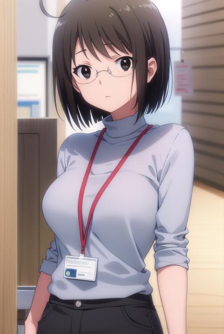 lucyyamagami, <lora:lucy yamagami s1-lora-nochekaiser:1>,
lucy yamagami, short hair, black hair, (black eyes:1.5), ahoge, glasses,
BREAK pants, sweater, turtleneck, id card, lanyard,
BREAK indoors, office,
BREAK looking at viewer, (cowboy shot:1.5),
BREAK <lyco:GoodHands-beta2:1>, (masterpiece:1.2), best quality, high resolution, unity 8k wallpaper, (illustration:0.8), (beautiful detailed eyes:1.6), extremely detailed face, perfect lighting, extremely detailed CG, (perfect hands, perfect anatomy),