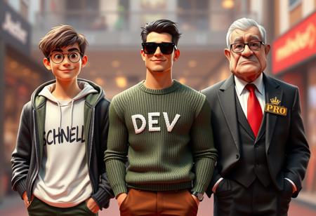Pixar inspired poster, A perfect masterpiece pixar style horizontal image, the image shows three full body characters in highly detailed CGI pixar character art, the first guy is a cool young slim casual nerd teenager with a casual open jacket with a hoodie with white shirt underneath, he has the word "(SCHNELL)" written on his white shirt in a large sketchy black font, the second guy is a middle-aged tall fit athletic muscular supermodel celebrity who is tall, handsome and approachable but has an air of sophistication around him who is dressed in fancy sunglasses, a green pullover and brown gucci trousers, he has the word "(DEV)" written on his green pullover in an elegant french white font,  the third guy is an old arrogant billonare who is dressed in a fancy suit and a red tie and he has the word "(PRO)" as a large golden pin on his suit, a golden pin that says "PRO", life-like masterpiece realiatic photo, hyper realistic, A photogenic soft scene, digital 4k art, bokeh, depth of field, detailed eyes, 4K, vivid, extremely detailed, perfect anatomy, maximalist, dynamic, absurdres, 8k photography, three point perspective, Ultra-realistic, Hyperrealism