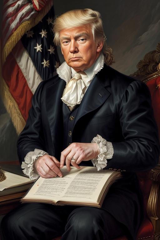 Donald Trump in a painting, wearing a suit and holding a book.