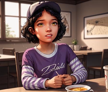 (score_9, score_8_up, score_7_up, score_6_up), clementine, telltale-style, twd, 1girl, hat, solo, dark skin, dark-skinned female, contour lines