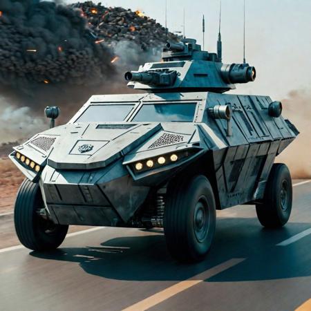 intricate indian armored ((((futuristic car)))) driving on the highway, chasing the enemies, high speed, shooting from machine gun, enemies rockets flew nearby, bullet shells on the road, muzzle flashes, explosions, debris, action shot, post apocalypse background, dramatic angle, epic composition, high quality , <lora:add-detail-xl:1>, slate gray atmosphere,