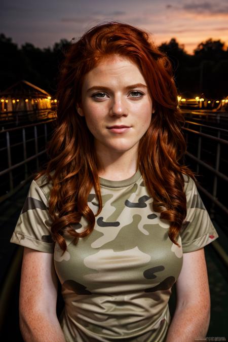 camo costume ,  roller coaster , dusk <lora:Rose_Leslie:1> masterpiece, best quality, detailed face, a mature r1873l, 1girl, solo, red hair,