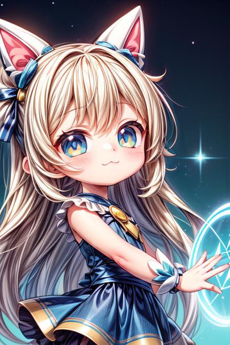 EarthKawaii, masterpiece, 1girl, upper_body, :3, closed_mouth, solo, long hair, magical_girl, magic_circle, looking at viewer, cosmic theme, backlighting, cute_outfit,(extremely detailed CG, unity, 8k wallpaper:1.2), ((ultra-detailed)), ((illustration)),colorful