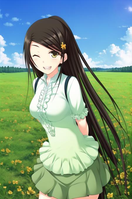 (masterpiece), high quality, detailed background, 1girl, solo,
<lora:Commission_Seiso-v1-06:0.7>, ChopioSeiso, dark brown hair, long hair, very long hair, swept bangs, hair ornament, (looking at viewer:1.3),
yellow eyes, hairclip,
outfit_1, green shirt, frilled shirt, short sleeves, dark green skirt, long skirt,
sunny, smile, happy, park, standing, grass, arms behind back, leaning forward, (eyes closed:1.2), open mouth, clenched teeth, lens flare, sparkles,