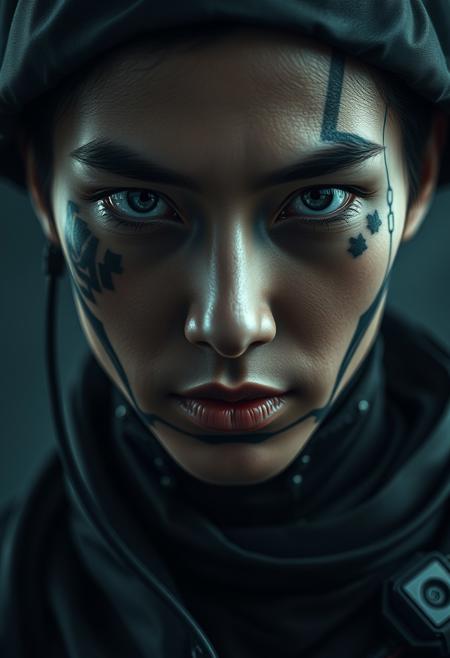 Super face Closeup Portrait,(cyberpunk face augmentation:1.45), (black color circuit board tattoos:1.5 on face), epic skin detailes,   Sci-fi Darkness By He Xiaofeng, a quiet Fighter, feudal Ninja,, robotic shinobi suit, (style Katy  Grannan:1.35) , Satin texture, (Glitchy:1.5) (Foggy:1.35), (Harsh lighting:1.4), cyborg, full body shot,