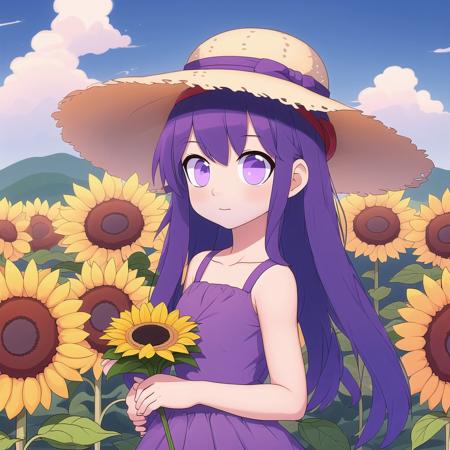 <lora:emptychibi:1> , 
1girl, bare arms, blue ribbon, bouquet, bow, collarbone, dress, flower, grey dress, hat, hat bow, holding, holding bouquet, long dress, long hair, looking at viewer, purple bow, purple hair, ribbon, sleeveless, sleeveless dress, solo, standing, straight hair, straw hat, sun hat, sundress, sunflower, very long hair, yellow eyes, yellow flower, yellow headwear