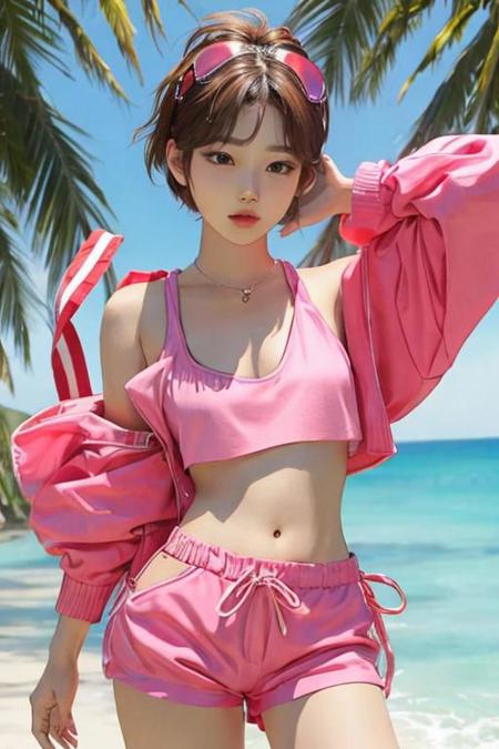 POV shot, detail upper body of a woman with short hair wearing a pink beachwear, cute pink mini outfit, a character portrait by L Ji, instagram contest winner, aestheticism, korean idol, korean kpop star, kpop star