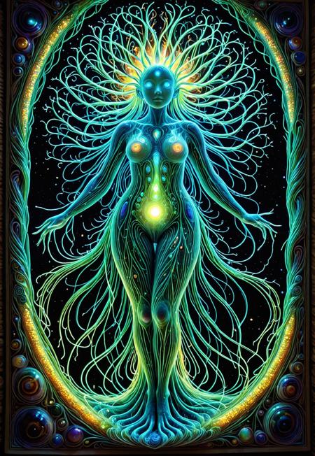 The entity's skin is a vibrant tapestry of **Mosaic Patterns**, interwoven with strands of **Opalescent Fibers** that shimmer with every movement. 
These fibers catch the light, casting a radiant glow that dances across its form, creating a dynamic interplay of color and shadow that enhances its surreal beauty.
From its limbs sprout tendrils of **Bioluminescent Algae**, their tips glowing with a soft, ethereal light that illuminates the surrounding space in a gentle, otherworldly glow. 
These tendrils sway and undulate as if moved by an unseen current, adding to the creature's enigmatic allure.
  
