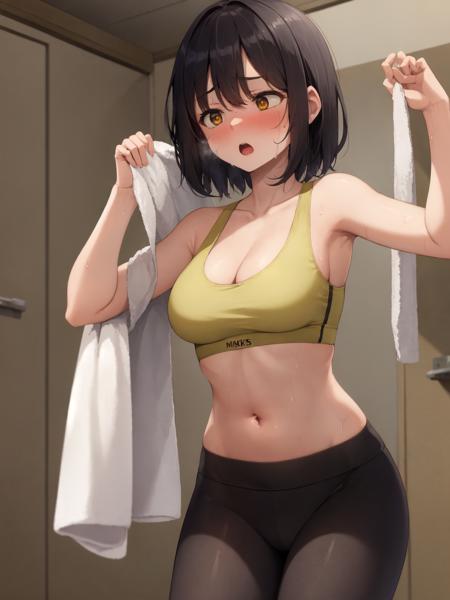 SLE, mksks style, detailed background absurdres, highres, solo, 1girl, black hair, short hair, brown eyes, medium breasts, yellow sports bra, cleavage, navel, black yoga pants, towel, looking away, exhausted, sweat, sweatdrop, open mouth, wiping sweat, holding towel, gym, indoors, cowboy shot