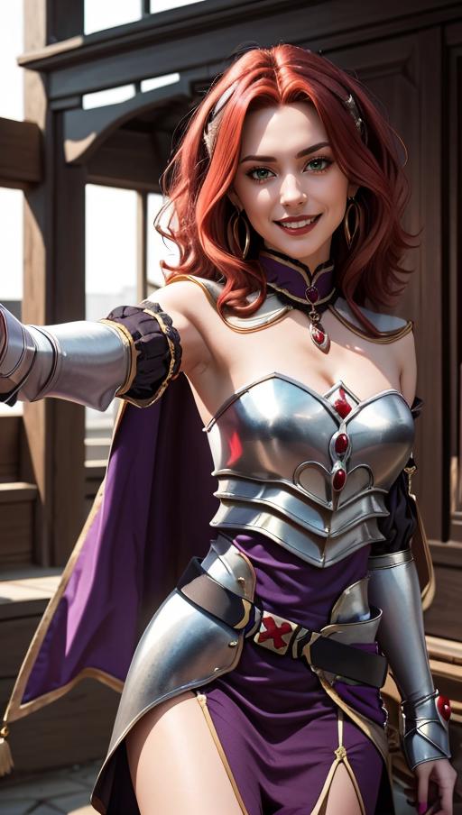 A redheaded female warrior in a purple dress and silver armor posing for a picture.