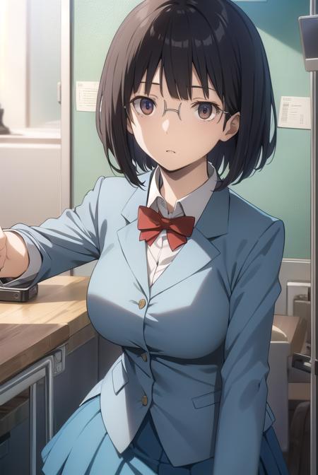 anrisonohara, <lora:anri sonohara s1-lora-nochekaiser:1>,
anri sonohara, short hair, black hair, (brown eyes:1.3), glasses, bob cut,
BREAK skirt, school uniform, shirt, white shirt, collared shirt, blazer, blue blazer, bow, red bow, blue skirt,
BREAK indoors, classroom,
BREAK looking at viewer, (cowboy shot:1.5),
BREAK <lyco:GoodHands-beta2:1>, (masterpiece:1.2), best quality, high resolution, unity 8k wallpaper, (illustration:0.8), (beautiful detailed eyes:1.6), extremely detailed face, perfect lighting, extremely detailed CG, (perfect hands, perfect anatomy),