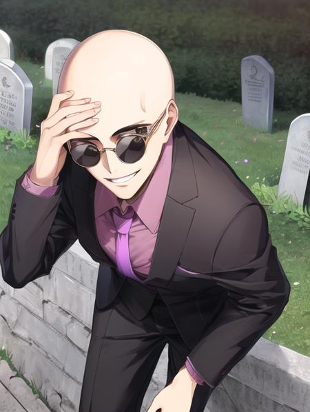 best quality, masterpiece, highres, detailed, perfect anatomy,  <lora:Detail - add_detail:0.2>,  <lora:Character - MasanoriV:0.8>, suit, jacket, necktie, purple necktie, sunglasses, graveyard, evil smile, bald,