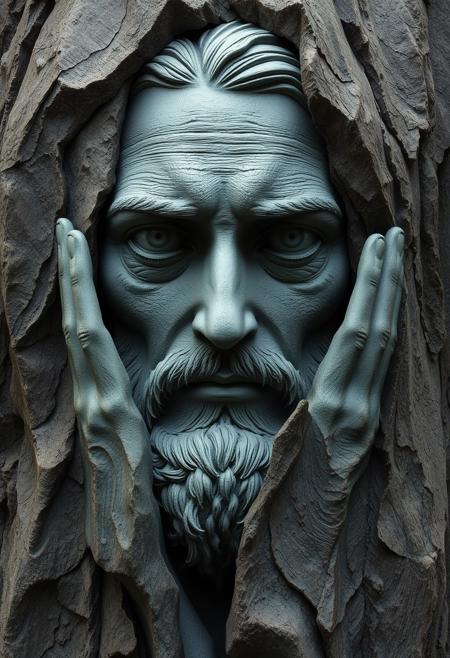 art statue in cliffs, in the style of realistic hyper-detailed portraits, cryengine, detailed facial features, ingrid baars, multi-panel compositions, guido van helten, concept art