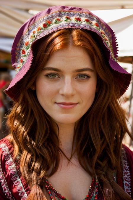 gypsy costume ,  market stall , evening <lora:Rose_Leslie:1> masterpiece, best quality, detailed face, a mature r1873l, 1girl, solo, red hair,