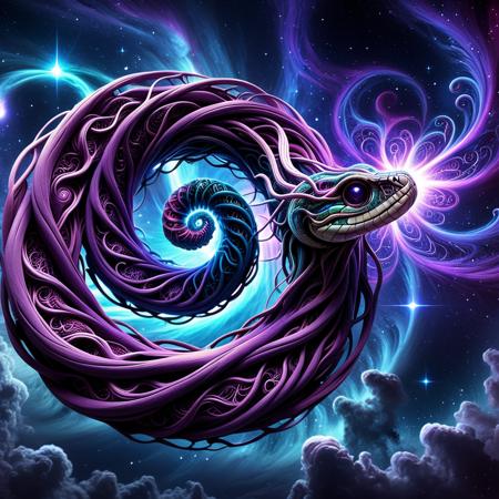 concept art .<lora:Treeroots_0_90_multi2_Handprocessed_V2:0.8> pg-tr, A colossal serpentine creature winds through a spiral galaxy like a living constellationâits entire form composed of glowing galactic roots. These roots stretch like neural tendrils, their veins filled with glowing stardust instead of sap. The serpentâs body undulates through dark matter and luminous clouds of nebulae, absorbing energy from solar flares. Along its back, clusters of stars pulse like nerve centers, each twinkling in rhythmic harmony. Its eyes are binary stars locked in orbit, glowing violet and indigo. As it moves, the serpent weaves gravity and light into fractal trails, creating new constellations in its wake. The surrounding space pulses with soft auroras and lens flare, casting subtle rainbow highlights across the cosmic tapestry. . digital artwork, illustrative, painterly, matte painting, highly detailed