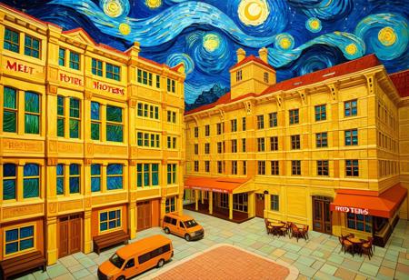 Van Gogh-inspired Post-Toastyism, A duskset over the grand hooters of meetloaf, viewed from a grand Model's hotel, intricately detailed, refined, defined, highly detailed, follow negative prompts,
