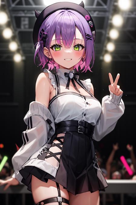 towadefault, twintails, long sleeves, two-tone jacket, closed jacket, cropped jacket, off shoulder, bare shoulders, collarbone, black crop top, black shorts, short shorts, fishnet thighhighs, baseball cap, fake horns, demon tail, ear piercing, navel piercing towanewyears, (single braid), (checkered kimono), japanese clothes, fishnet gloves, purple bow, (hair flower) towacasual, jirai kei, frilled shirt, high-waist skirt, off shoulder, grey cardigan, beret, fake horns, thigh strap, ear piercing, white socks towaschool, low twin braids, black shirt, black skirt, pleated skirt, collared shirt, purple necktie, demon horns, demon wings, ear piercing towawhite, high ponytail, very long hair, navel, white crop top, white jacket, cleavage, white wings, white shorts, short shorts, long sleeves, white gloves, knee pads, ear piercing, navel piercing