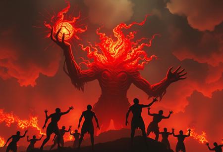 One of the creature's raised hands holds a pulsating, radiant red orb, emitting a blinding glow that casts stark, fragmented shadows across the scene.
Surrounding this imposing figure are several smaller, similar entities, their forms swirling and indistinct, as though emerging from the fiery substance. They encircle the central creature in chaotic, dynamic poses, heightening the sense of supernatural turmoil. The backdrop features dense, dark clouds interspersed with fiery bursts of orange and yellow, resembling an infernal storm. Smoky gradients fade unevenly into the fiery abyss, evoking an apocalyptic wasteland.
To emulate the look of 90s Japanese amateur photography, incorporate era-specific qualities: visible film grain, slight overexposure in the orb's glow, muted reds and oranges blending subtly into the darker tones, and occasional lens flare artifacts. Ensure the overall mood conveys an eerie, overwhelming sense of chaos and impending doom.