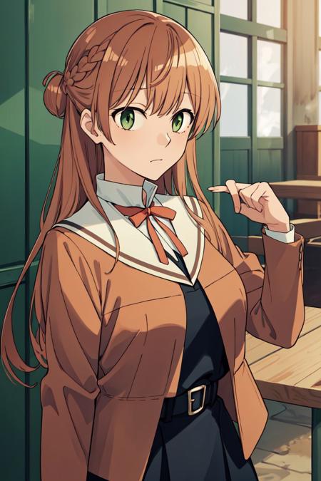 absurdres, highres, ultra detailed, solo, 1girl, <lora:やがて君になるC:1>, (green eyes, very long hair, french braid, half updo, bangs, light brown hair:1.4), huge breasts, BREAK school uniform, white sailor collar, BREAK brown jacket, brown sleeves, BREAK red bow, red ribbon, BREAK black shirt, black skirt, belt,