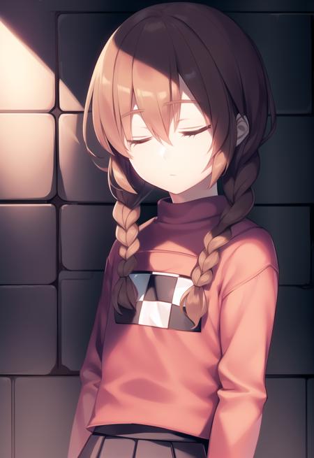 <lora:madotsuki-18:0.8> madotsuki, pink sweater, logo, skirt, eyes closed, upper body, shadows, dark, dungeon, low light, brick walls, plain background