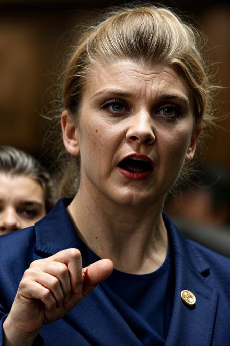 movie still, female politician, speech, angry expression, pointing a finger, at the parliament, formal attire, sharp focus, cinematic shot, (high detailed skin:1.1)
<lora:0more_details:1> <lora:natalie_dormer_lora_v01:1> natdormer