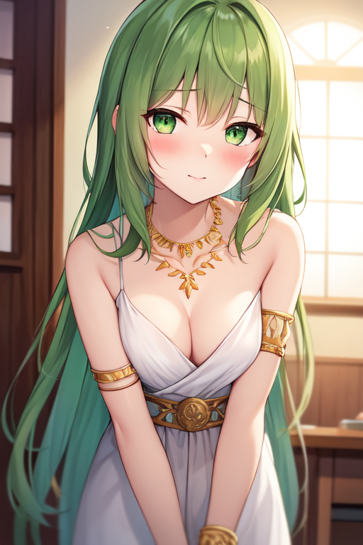 ancient greek clothes, blush, bracelet, medium breasts, green eyes, closed mouth, necklace, cleavage, very long hair, coll...