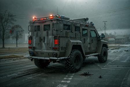 analog gloomy photo of a SWAT lenco bearcat armored car,  <lora:sw4tb34rc4t:1>, rear view, ((zombie apocalypse:1.2)), ((surrounded by crows:1.0)), (living dead), ((winter)), ((snow)), (horror movie), ((nighttime)), a deserted city, ruins, abandoned buildings, High Detail, Sharp focus, (photorealism), realistic, best quality, 8k, award winning, dramatic lighting, epic, cinematic, masterpiece, rim light, ambient fog:1.2, dutch angle, depth of field,