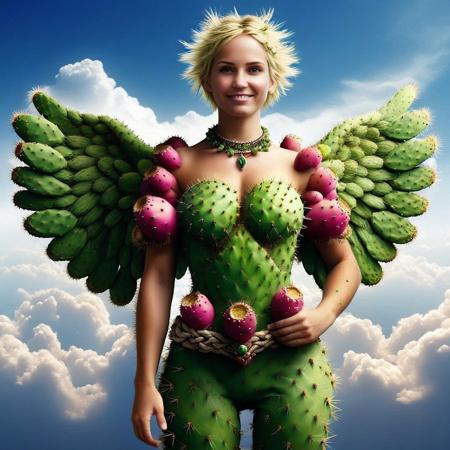 a woman, blonde hair, green wings made of Prickly Pear, barefoot, solo, angel, jewelry, angel, wings made of Prickly Pear, short hair, full body, bare shoulders, looking at viewer, clouds background, feathered Prickly Pear wings, toes, green eyes, feet, bracelet, braid, smile, gem,sleeveless, armlet, crown made of Prickly Pear, closed mouth, realistic, photorealistic, lips, pants, flying, bracer, floating, toe ring, necklace, clouds