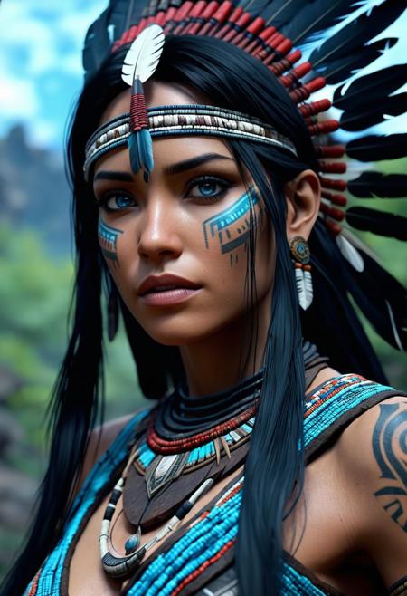High resolution ultra-realistic of Mysterious beautiful native American with black hair, utra-realistic body, 8k, fantasy style, bright forest, colorful ruins, cinematic lighting, bright colors, sharp focus, dramatic atmosphere, Realistic beautiful blue eyes, female native American, Intricately Designed body covered in traditional outfit, beautiful, Silent Stance, CGSociety, slim body, perfect skinny figure, beautiful perfect detailed pupils, ultra quality, Cinematic Lighting, defiant, 8K, full body, full-figured, full frame, tribal tattoos, seductive intense look