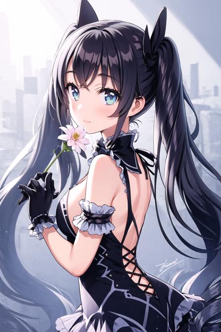 <lora:morikura2:1>1girl, solo, gloves, long hair, flower, holding flower, black hair, ass, looking at viewer, twintails, black gloves, holding, see-through, very long hair, dress, signature, breasts, bangs, drill hair, frills, closed mouth