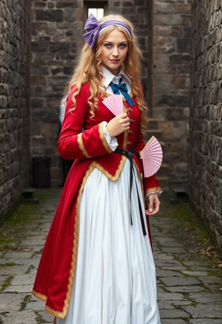 My girlfriend cosplays as a woman from a medieval European ducal family. She has long curly blond hair, a purple bow headband on the back of her head, blue eyes, a white shirt with a blue bow on the collar, a red coat with gold trim, a long white pleated skirt, black boots, and a pink paper fan.
Solo photo taken in an old castle.
FHD, Rich in details, masterpiece.