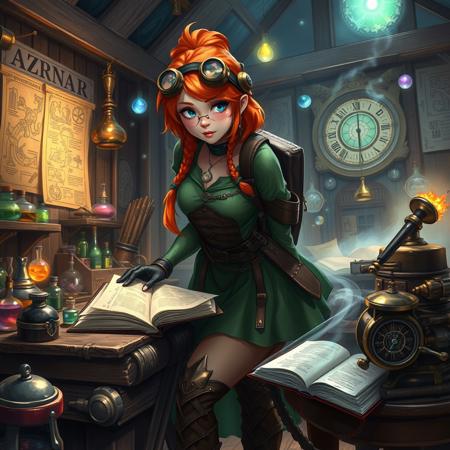 (WizardCoreAI:1.3) 1girl  Beautiful alchemist, leaning forward studying magic Book on bench,copper hair, Steampunk goggles, goggles on head, (Alchemy and Tinker shop, tools, potions, bottles, workbench, wooden walls, wood furniture, schematics on wall, blueprints on wall, proud, green dress, brown corset, leather belt, Brown Backpack, too many pouches, massive boots, gloves,l charts in a tower filled with magical orbs | Wizard activating a golem in a rune-lit workshop | Alchemist mixing potions amid hovering magical essences | Enchantress reading a spellbook while a magic quill writing notes, studying a steampunk-inspired chronomancer's clock, steampunk, gears,
(amazing fantasy setting, Ultra Realistic, trending on artstation, exaggerated, detailed   
 background:1.1)