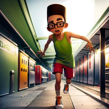 ((masterpiece, best quality)),(complex light),1boy,full body, solo, fresh, <lora:FreshSubwaySurfers1-10:0.6>, dark skin, glasses, orange tank top, shorts, running, subway station,