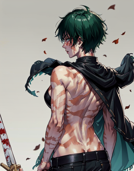 (masterpiece), Maki, 1girl, solo, looking at viewer, short hair, shirt, green hair, 1boy, holding, bare shoulders, weapon, ass, male focus, sleeveless, looking back, pants, sword, twitter username, from behind, holding weapon, black shirt, sleeveless shirt, scar, holding sword, black pants, scar on face, over shoulder, weapon over shoulder, burn scar, sword over shoulder,  <lora:Maki-05:1>