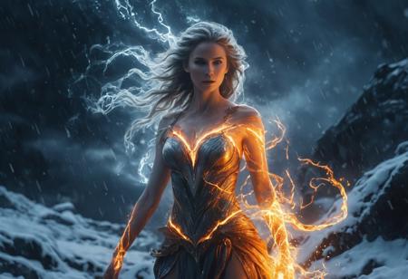 An elemental goddess stands in the center of a dark storm, her face perfectly split between blazing fire and piercing ice. Her eyes glow with raw energy—one golden like a supernova, the other pure white like frozen lightning. Her fiery side burns with swirling flames, lava cracks glowing on her skin, while the icy side releases frost, snow, and mist, her flowing hair turning into smoke and ice tendrils. The camera slowly circles her as magical particles rise and fall around her. Thunder rumbles faintly in the distance, and glowing embers spiral into the sky. Her power pulses outward with each breath. Ultra-detailed, epic cinematic lighting, 4K, high fantasy animation, dark background, dramatic elemental effects, slow motion, mythic tone.