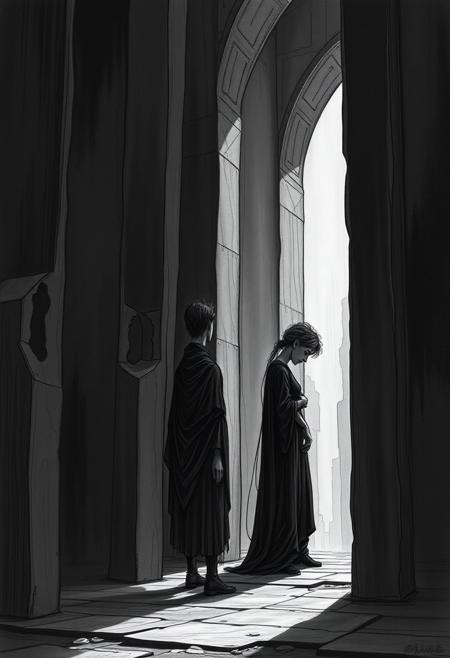 Figures with an emotional depth, lost in contemplation, interacting with abstract yet functional architectural elements., dark surrealism, intricate linework, gothic horror, high-contrast compositions, eerie atmospheres, bold shadows, supernatural elements, dystopian landscapes, mythological storytelling, expressive detailing, cinematic depth, noir aesthetics, psychological tension, fantastical realism, hauntingly beautiful imagery