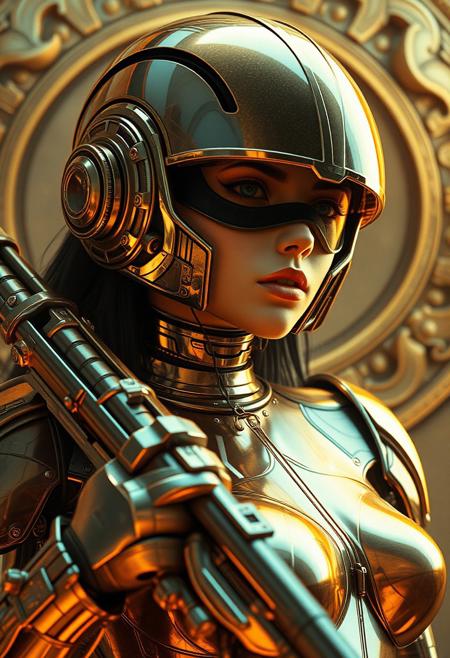 Avant-garde , 1970s futurism, female,chrome and gold, ultra high tech helmet and weaponry,detailed background, dynamic angle, volumetric lighting, godrays