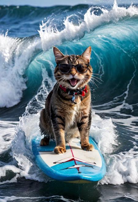 A mesmerizing photograph frozen in time, showcasing a cat skillfully surfing on a surfboard amidst towering waves. The cat, sporting trendy sunglasses and an open-mouthed grin, is captured mid-ride as water splashes around it, adding to the sense of motion and drama. The photograph's high contrast and dramatic lighting enhance the intensity of the scene, transporting viewers to the heart of the action