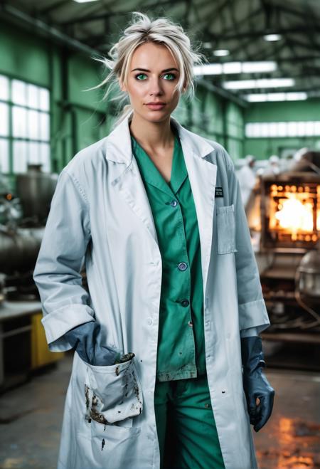 score_9, score_8_up, score_7_up  zPDXL3  (wild-haired mad scientist) young woman, french, bright green eyes, light skin, tan skin, dark Blue eyes, full-figured, long blonde messy bun hair, wearing a disheveled grey lab coat with stains,  torn trousers, heavy work boots, beakers,rubber gloves, set in Main Chamber, large open space with a high ceiling, filled with strange machinery, an eerie green glow from various screens, metal walkways crisscrossing above, the hum of generators, electrical sparks  zPDXLrl