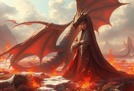 "Create a captivating, high-definition digital illustration, inspired by the golden ratio, featuring a Dragon Queen with a tragic backstory. Set the scene on a land of frozen flames, with a looming, long-caped creature in a red, brown, and white color scheme, inspired by Abidin Dino's art style. The Dragon Queen, who is a BBW, should be crowned, with delicate features and a pointed chin. The image should be featured on Art Station and AmiAmi, with a dynamic, dramatic, cinematic lighting and an arthouse feel reminiscent of Henri Cartier-Bresson's work. Consider incorporating elements such as distant realistic mountains, an ocean, and a field of flowers, rendered using Octane, Maya, and Blender, with a 2D game art or concept art feel."